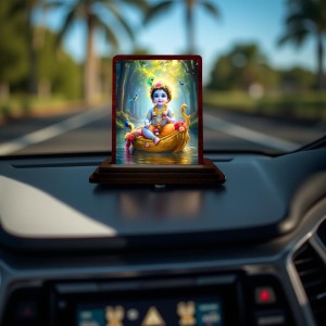 Car Desk/Table Top Lord Krishna Wooden Photo Stand 3x4 Inches, Compact & Stylish Spiritual Display For Car, Home & Office (Pack Of 1) (F14511)