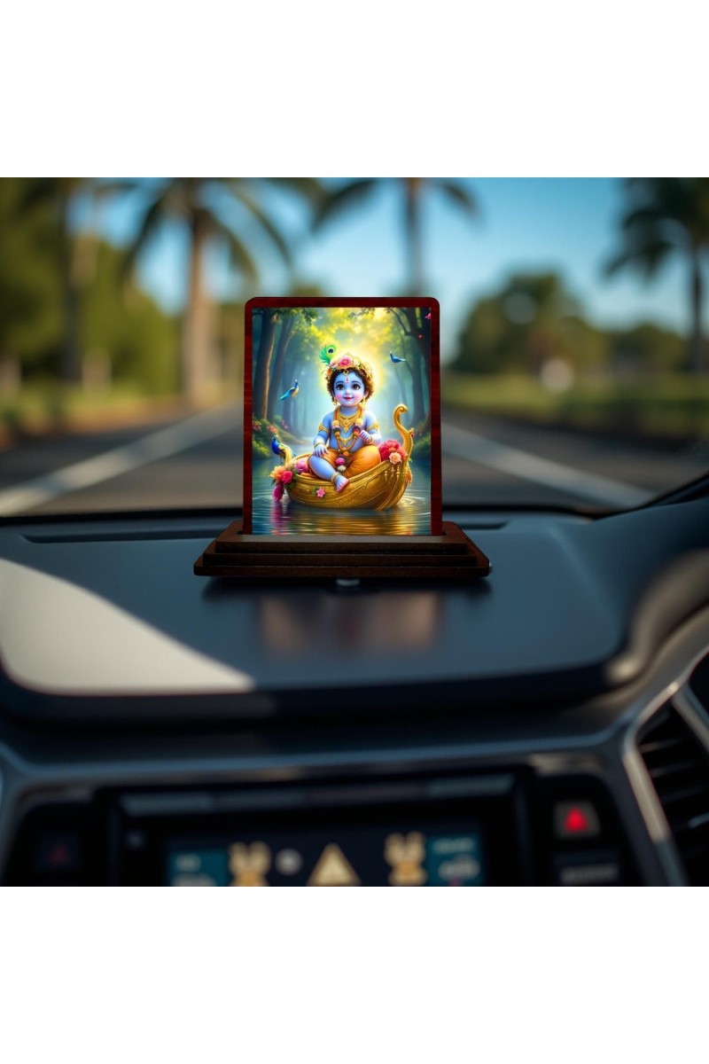 Car Desk/Table Top Lord Krishna Wooden Photo Stand 3x4 Inches, Compact & Stylish Spiritual Display For Car, Home & Office (Pack Of 1) (F14511)