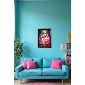 Goddess Saraswati Photo Frame For Wall & Table | 7x9 Inch Golden Cherry Finish | Decorative Goddess Saraswati Photo Frame For Home, Office & Pooja Room (F11918)