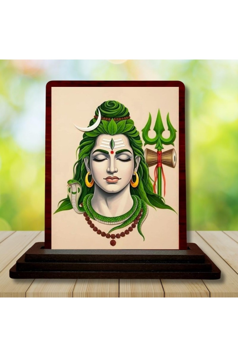 Car Desk/Table Top Lord Shiva Wooden Photo Stand 3x4 Inches, Compact & Stylish Spiritual Display For Car, Home & Office (Pack Of 1) (F14218)