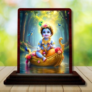 Car Desk/Table Top Lord Krishna Wooden Photo Stand 3x4 Inches, Compact & Stylish Spiritual Display For Car, Home & Office (Pack Of 1) (F14511)