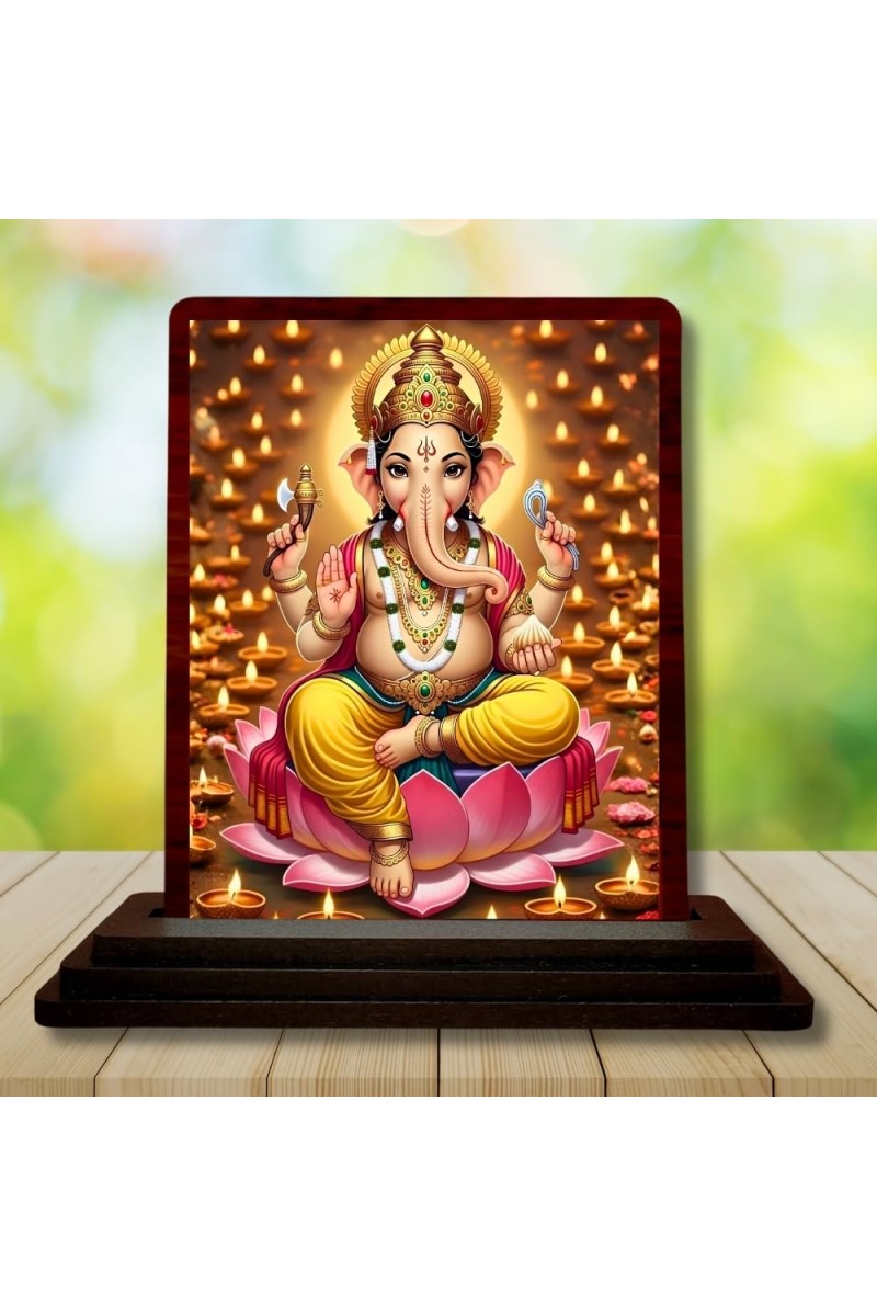 Car Desk/Table Top Lord Ganesha Wooden Photo Stand 3x4 Inches, Compact & Stylish Spiritual Display For Car, Home & Office (Pack Of 1) (F15161)