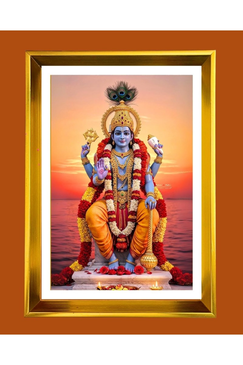 Lord Vishnu Golden Photo Frame - 12x16 Inches | Elegant Wooden Frame For Home, Office & Temple Decoration | Spiritual Wall & Table Decor And Gift Item (F9680)