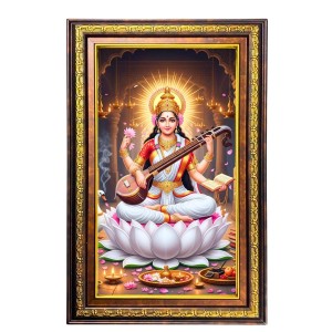 Goddess Saraswathi Digital Golden Balck Color Photo Frame | Hindu Religious Wall Decor | 10x16 Inches - Inspirational Wall Art For Office, Home Decor - Ideal Spiritual Gift (F16667)