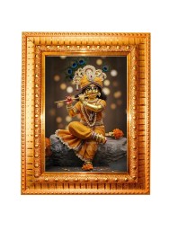 Divine Krishna Golden Designer Photo Frame | 10x14 Inch Religious Wall Hanging Frame For Home & Office Decoration | Hindu Deity Divine Krishna Spiritual Gift Item