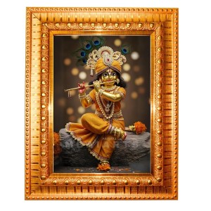 Divine Krishna Golden Designer Photo Frame | 10x14 Inch Religious Wall Hanging Frame For Home & Office Decoration | Hindu Deity Divine Krishna Spiritual Gift Item