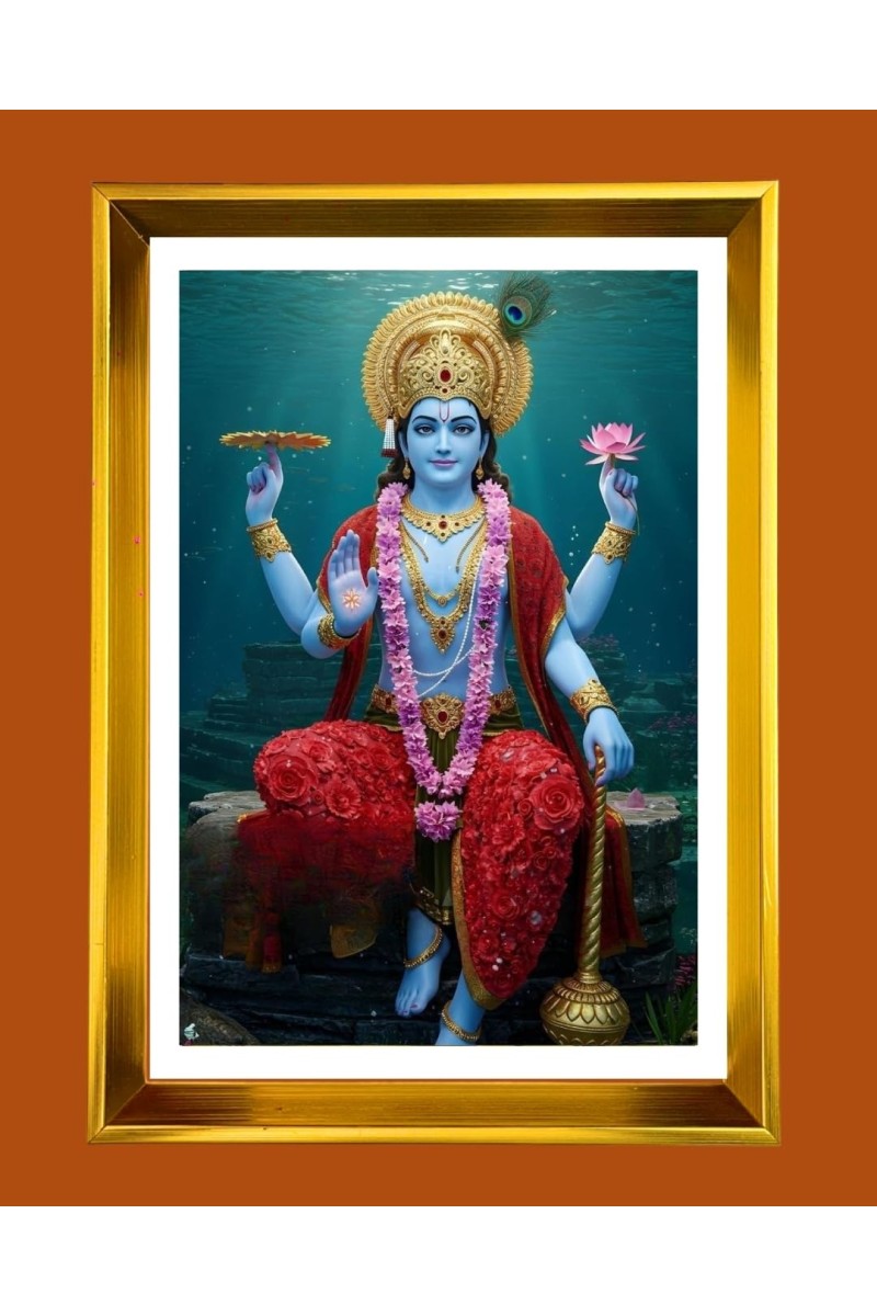 Lord Vishnu Golden Photo Frame - 14x18 Inches | Elegant Wooden Frame For Home, Office & Temple Decoration | Spiritual Wall & Table Decor And Gift Item (F9426)