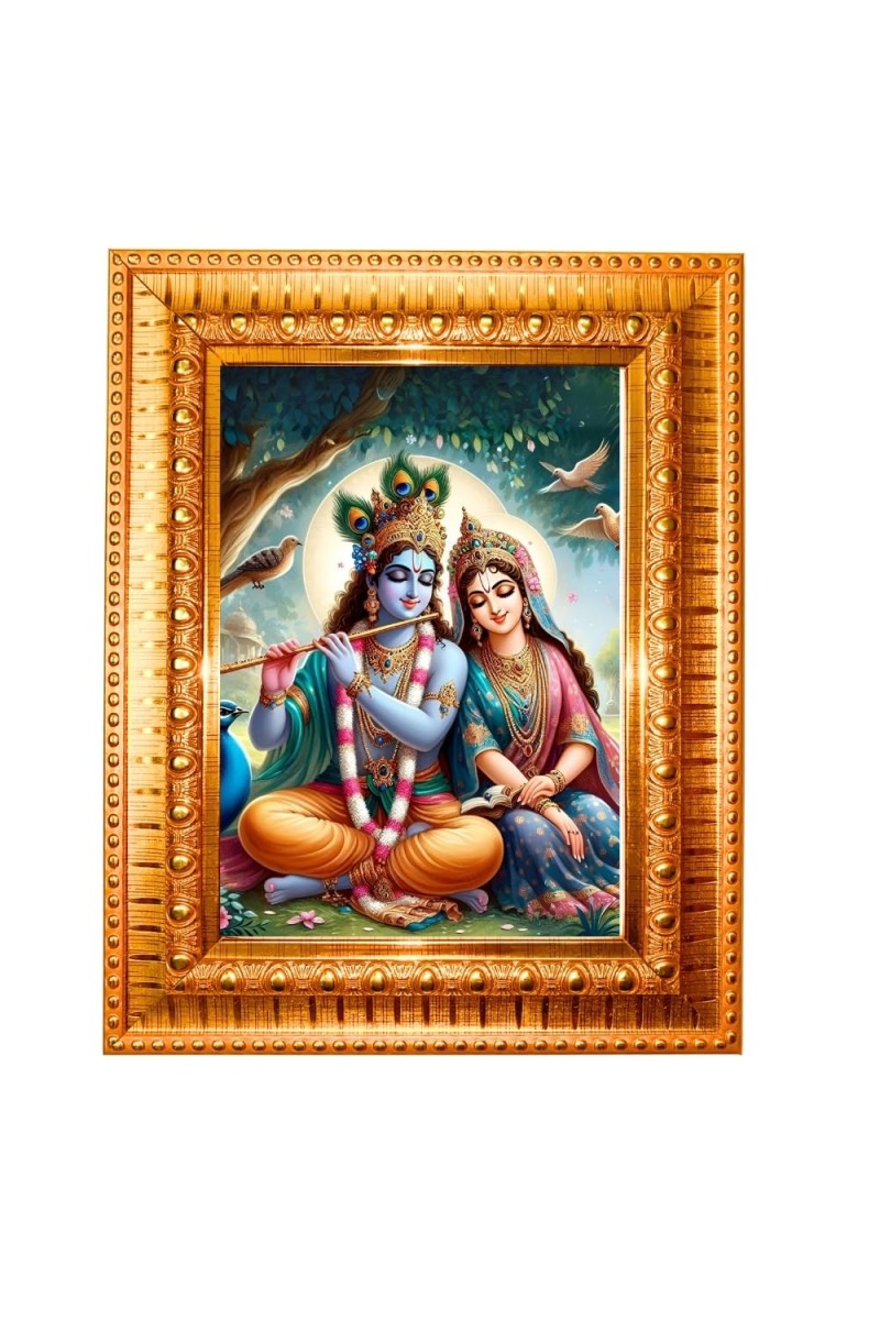 Flue Radha And Krishna Golden Designer Photo Frame | 16x20 Inch Religious Wall Hanging Frame For Home & Office Decoration | Hindu Deity Spiritual Gift Item