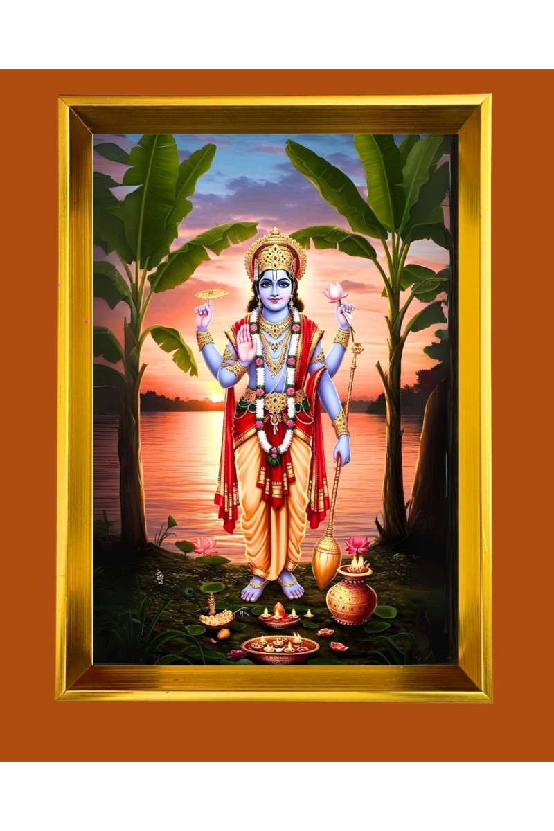 Lord Vishnu Golden Photo Frame - 12x16 Inches | Elegant Wooden Frame For Home, Office & Temple Decoration | Spiritual Wall & Table Decor And Gift Item (F9722)