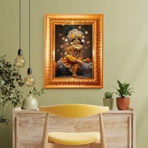 Divine Krishna Golden Designer Photo Frame | 10x14 Inch Religious Wall Hanging Frame For Home & Office Decoration | Hindu Deity Divine Krishna Spiritual Gift Item