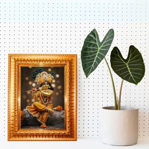 Divine Krishna Golden Designer Photo Frame | 10x14 Inch Religious Wall Hanging Frame For Home & Office Decoration | Hindu Deity Divine Krishna Spiritual Gift Item