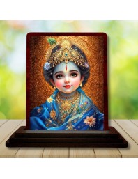 Car Desk/Table Top Lord Little Krishna Wooden Photo Stand 3x4 Inches, Compact & Stylish Spiritual Display For Car, Home & Office (Pack Of 1) (F14230)
