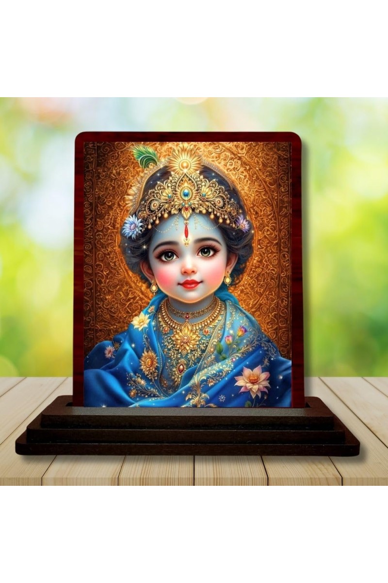 Car Desk/Table Top Lord Little Krishna Wooden Photo Stand 3x4 Inches, Compact & Stylish Spiritual Display For Car, Home & Office (Pack Of 1) (F14230)