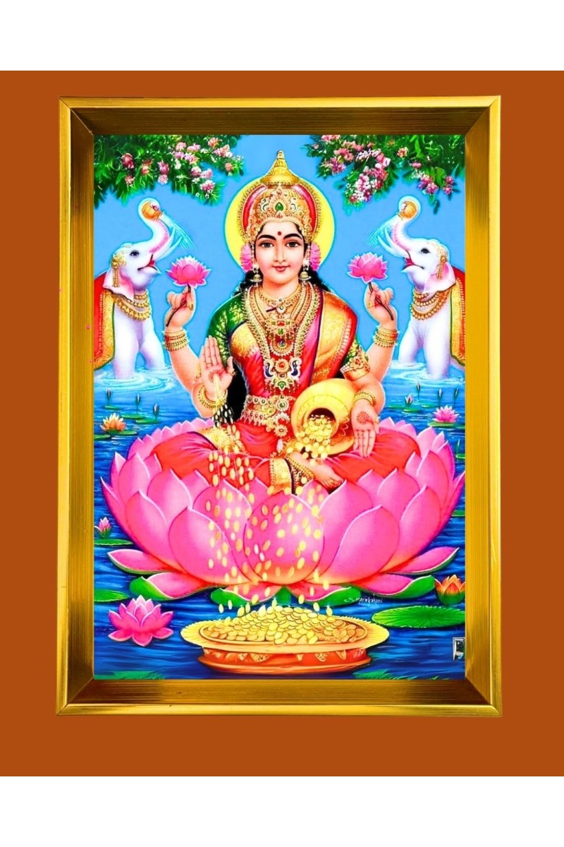 Mata Lakhsmi Golden Photo Frame - 10x14 Inches | Elegant Wooden Frame For Home, Office & Temple Decoration | Spiritual Wall & Table Decor And Gift Item (F9754)