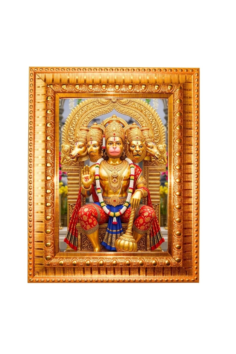 Lord Hanuman Golden Designer Photo Frame | 10x14 Inch Religious Wall Hanging Frame For Home & Office Decoration | Hindu Deity Lord Hanuman Spiritual Gift Item