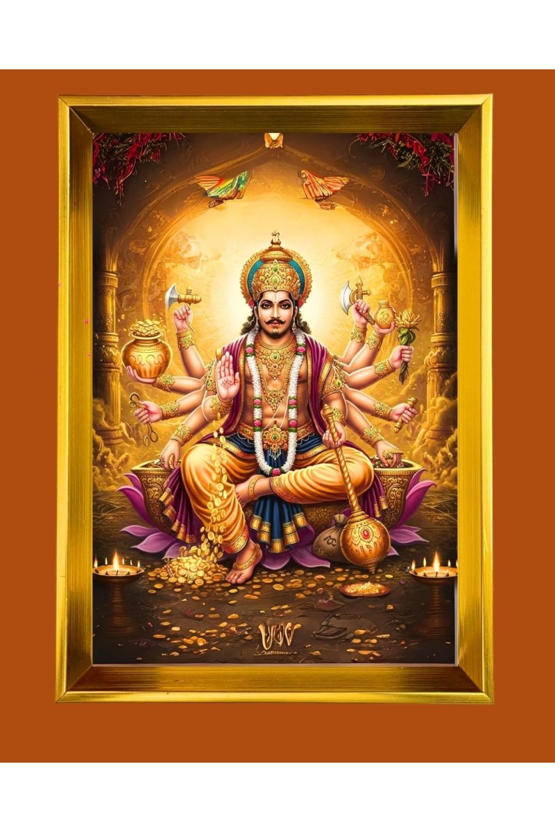 Lord Kubera Golden Photo Frame - 18x22 Inches | Elegant Wooden Frame For Home, Office & Temple Decoration | Spiritual Wall & Table Decor And Gift Item (F9546)
