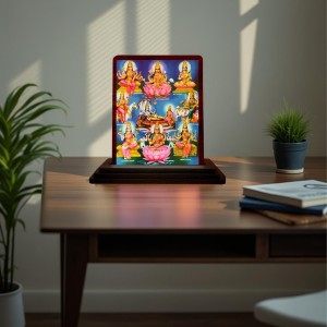 Car Desk/Table Top Ashta Lakshmi Wooden Photo Stand 3x4 Inches, Compact & Stylish Spiritual Display For Car, Home & Office (Pack Of 1) (F14278)
