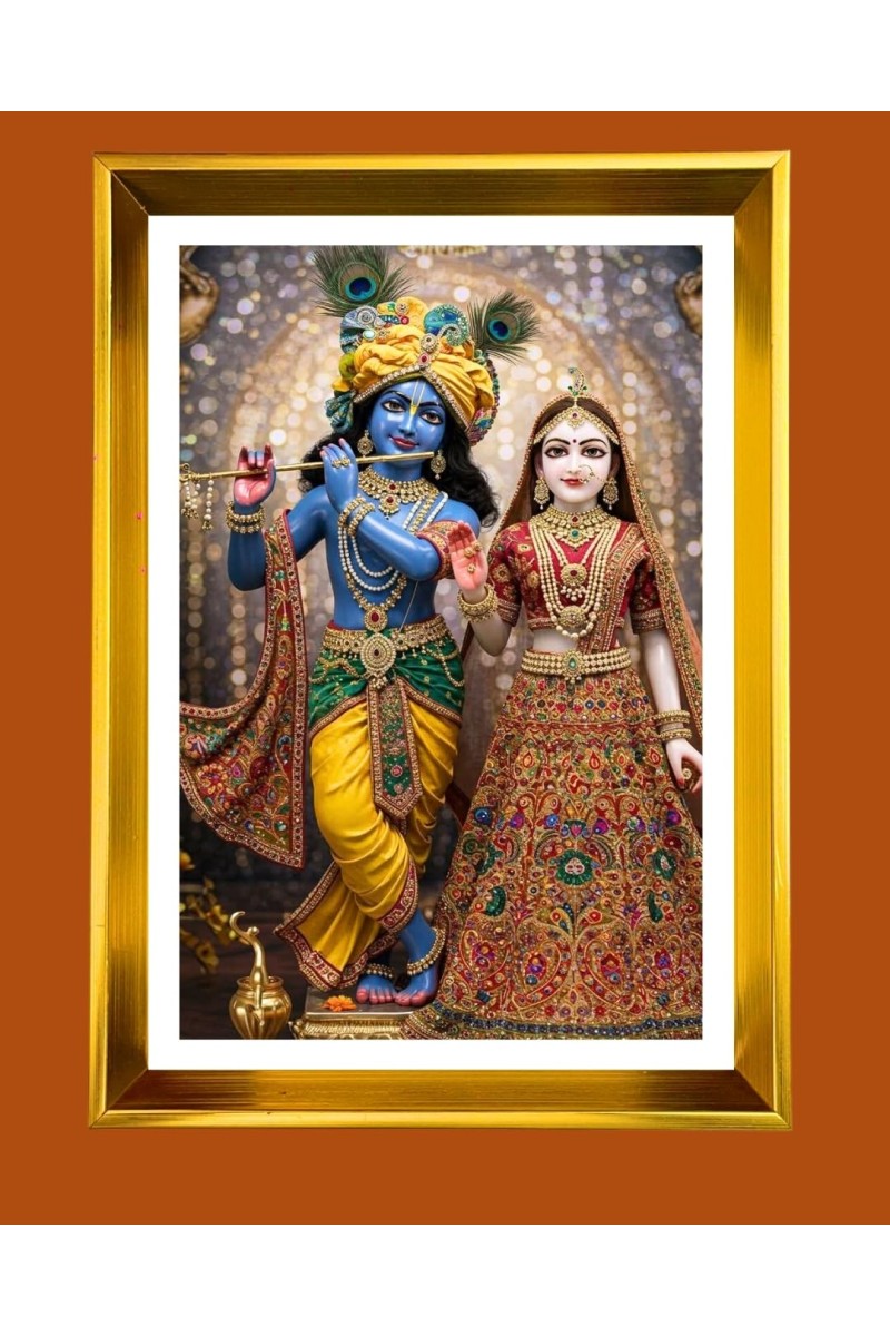 Divine Radha And Krishna Golden Photo Frame - 12x16 Inches | Elegant Wooden Frame For Home, Office & Temple Decoration | Spiritual Wall & Table Decor And Gift Item (F9800)