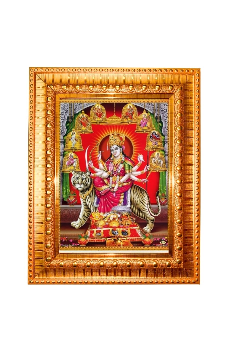 Goddess Durga Golden Designer Photo Frame | 16x20 Inch Religious Wall Hanging Frame For Home & Office Decoration | Hindu Deity Spiritual Gift Item