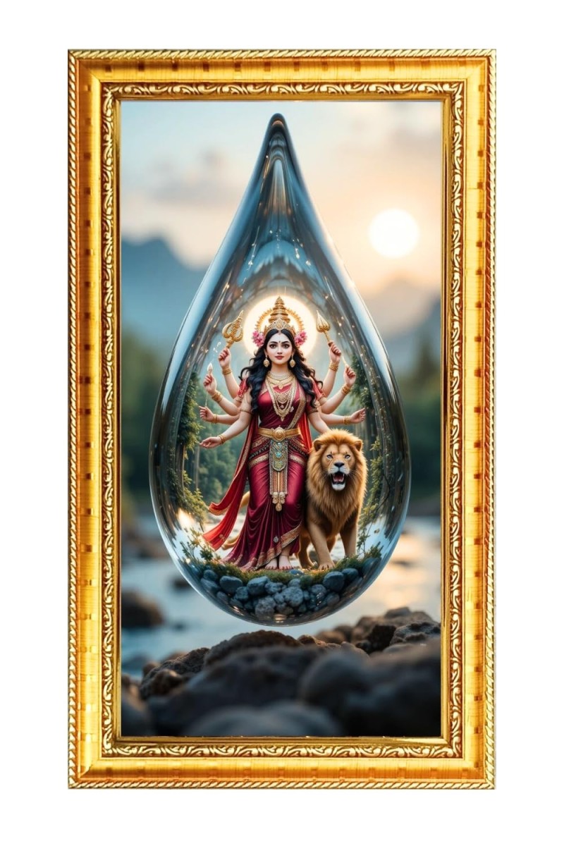 Devi Durga Digital Golden Color Photo Frame | Hindu Religious Wall Decor | 8x15 Inches - Inspirational Wall Art For Office, Home Decor - Ideal Spiritual Gift (F10376)