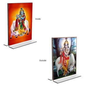 Car Desk/Table Top Sri Krishna With Cow Acrylic T-Style Photo Stand - 2.5x3.5 Inches, Compact and Stylish Spiritual Display, easily change 2 photos (Pack of 1)