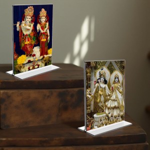 Sri Krishna and Sri Radha Acrylic T-Style Photo Stand, Compact and Stylish Spiritual Display, easily change 2 photos (Pack of 1)