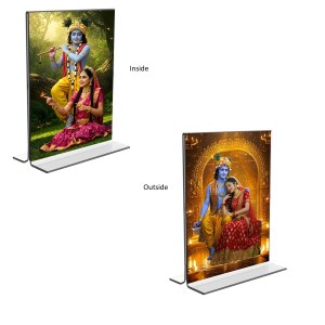 Sri Krishna and Sri Radha Acrylic T-Style Photo Stand, Compact and Stylish Spiritual Display, easily change 2 photos (Pack of 1)