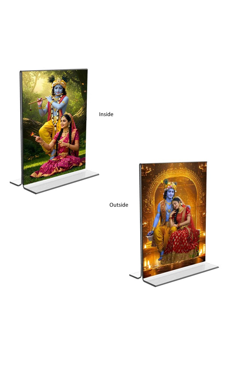 Sri Krishna and Sri Radha Acrylic T-Style Photo Stand, Compact and Stylish Spiritual Display, easily change 2 photos (Pack of 1)