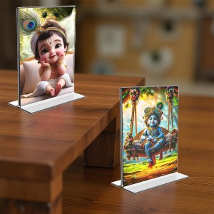 Bal Gopal Sri Krishna Acrylic T-Style Photo Stand - 11x13 Inches, Compact and Stylish Spiritual Display, easily change 2 photos (Pack of 1)