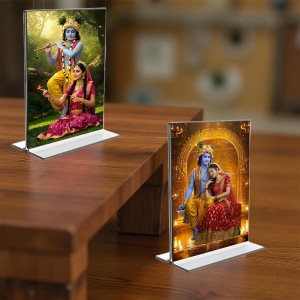 Sri Krishna and Sri Radha Acrylic T-Style Photo Stand, Compact and Stylish Spiritual Display, easily change 2 photos (Pack of 1)