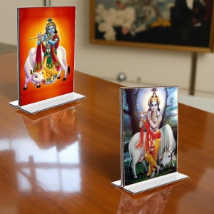 Car Desk/Table Top Sri Krishna With Cow Acrylic T-Style Photo Stand - 2.5x3.5 Inches, Compact and Stylish Spiritual Display, easily change 2 photos (Pack of 1)