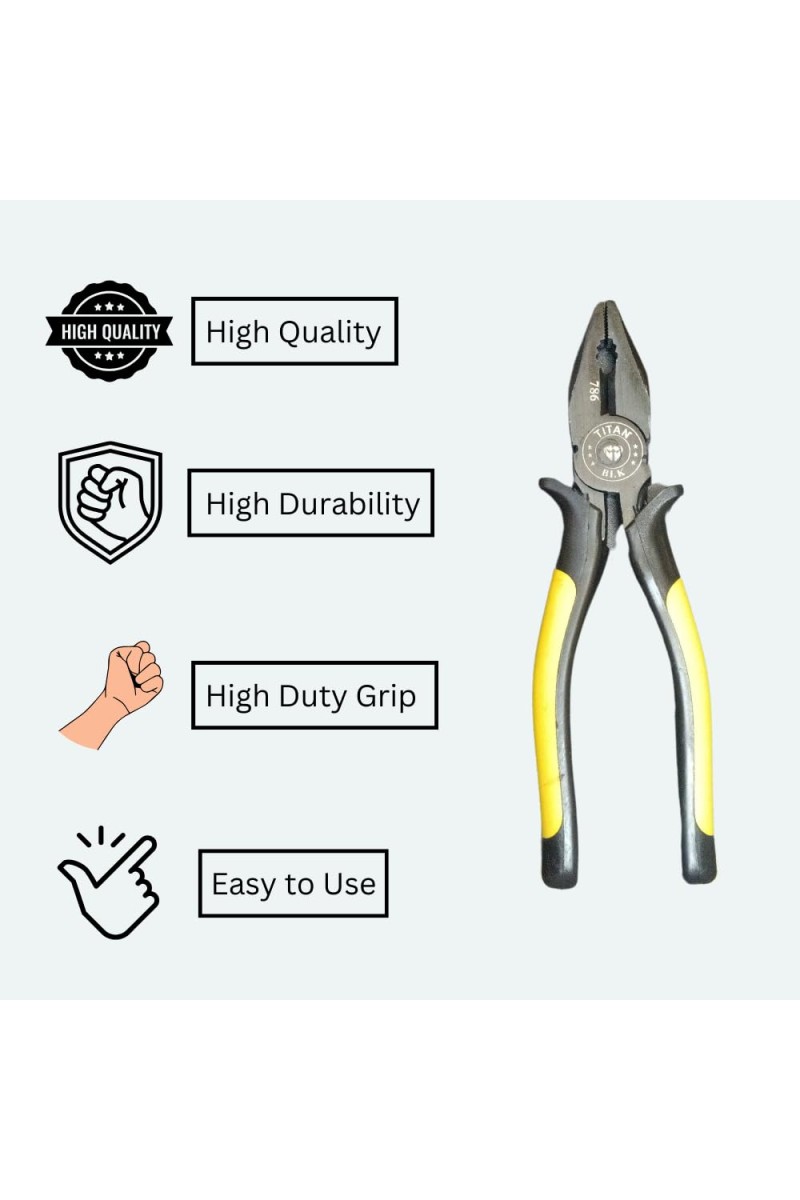 Hitech Sales 1Pc. 8'' 205 MM Sturdy Steel Combination Plier with Anti-Rust properties for gripping, holding and cutting wires, YELLOW & BLACK (BLK 786)