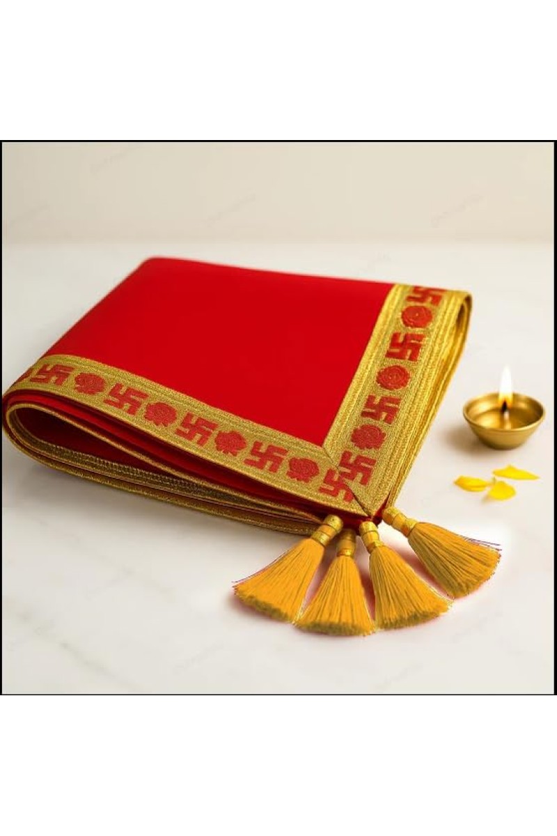 Traditional Red Puja Cloth with Golden Border & Swastik Design | Temple Aasan for Pooja & Festivals Pack of 2