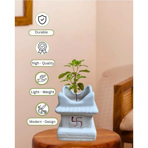 HI TECH Sales Sacred Tulsi Plant in White Ceramic Tulsi Vrindavan Pot with Swastik Symbol – Ideal for Home Mandir, Pooja Decor & Gifting