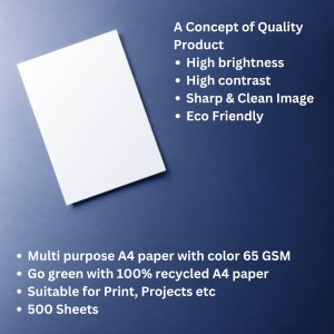 A4 Size Plain White Paper Pack of 1 (Sheets – 500) Multipurpose Sheets for Home, Office, School, Crafting, Printing, Writing, and Sketching, Art Projects (Smooth Finish - 65 GSM)