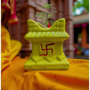 Hi Tech Sales Ceramic Tulsi Mandir | Traditional Planter Pot with Om & Swastik Symbols | Sacred Hindu Tulsi Planter for Home & Temple Use (Yellow)
