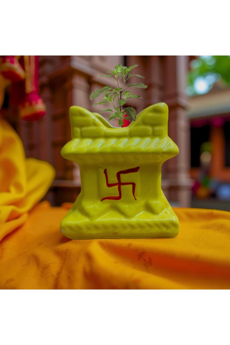 Hi Tech Sales Ceramic Tulsi Mandir | Traditional Planter Pot with Om & Swastik Symbols | Sacred Hindu Tulsi Planter for Home & Temple Use (Yellow)