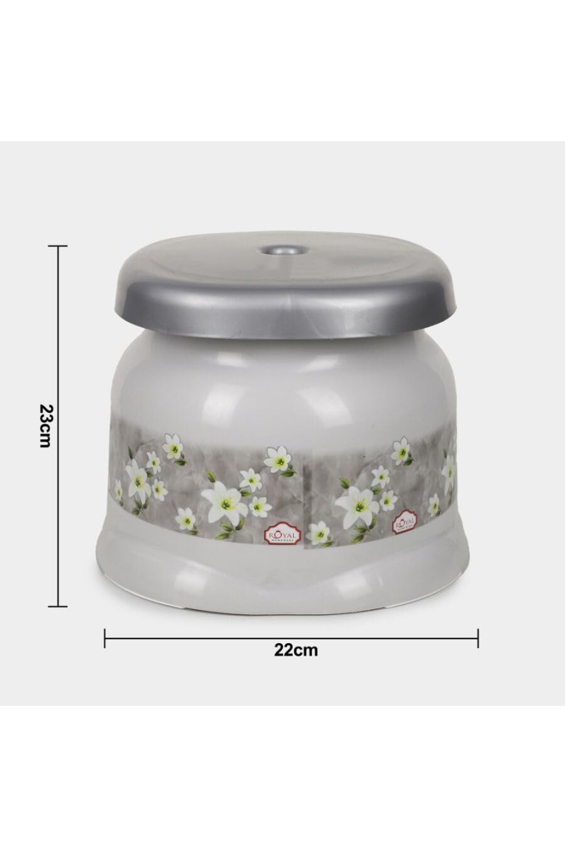 Royal Plastic Bathroom Stool with Floral Design – Lightweight, Durable & Multipurpose – White & Grey (Standard Size)