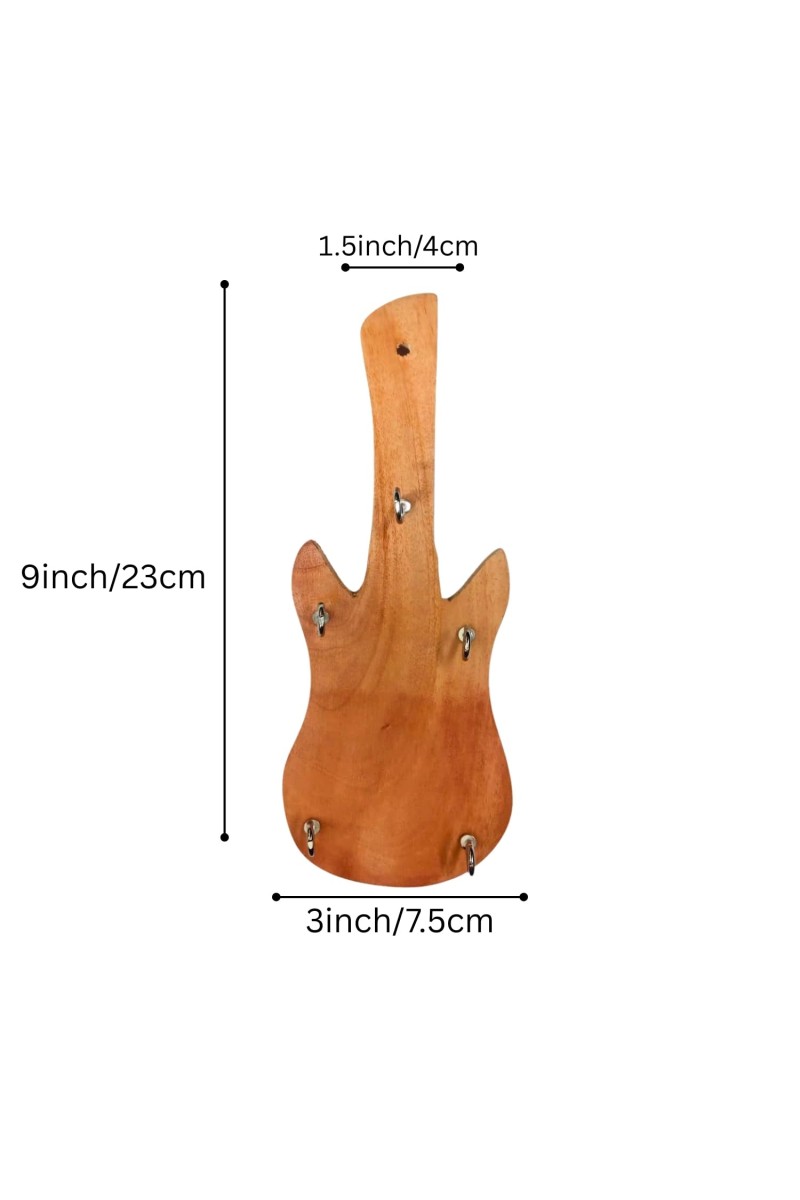 Guitar-Shaped Wooden Wall Hook Rack – Rustic Decorative Key Holder with 5 Metal Hooks – Home Décor for Bedroom.