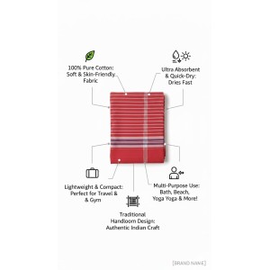 Cotton Gamcha Traditional for Everyone – Traditional Red Striped Towel | Soft, Absorbent & Quick Dry Bath Towel Checkered Design