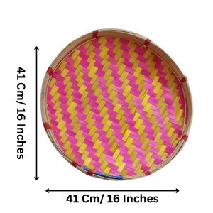 Handcrafted Bamboo Winnowing Tray – Multi-Colored (Pink & Yellow) Traditional Bamboo Soop for Decoration, Puja Dala