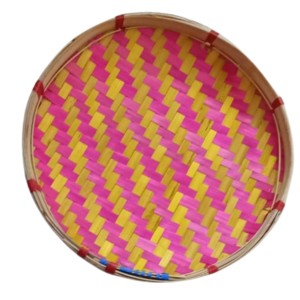 Handcrafted Bamboo Winnowing Tray – Multi-Colored (Pink & Yellow) Traditional Bamboo Soop for Decoration, Puja Dala
