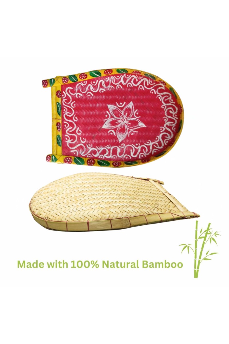 Handicrafts Bamboo Kulo Tray – Red Color Handmade & Hand-Painted Bamboo Soop/Basket for Puja, Home Decor, Storage & Gifting বাঁশের কুলো (13 x 18 inch)