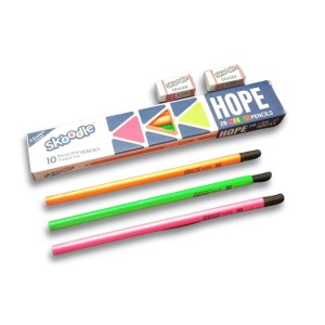 Hitech Sales Skoodle Hope 2B Neon Pencils Set with 2 Erasers - Pack of 10 Premium Wooden Pencils with Triangular Grip for Writing and Drawing