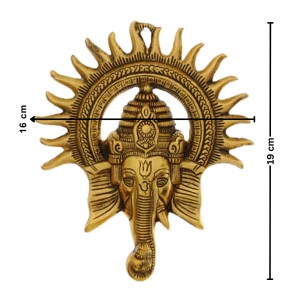 HiTechmart Brass Lord Ganesha Wall Hanging – Antique Finish Ganpati Face Sculpture with Sun Halo Design for Home Temple Decor, Office Entrance, Vastu & Spiritual Gifts – Handcrafted Indian Art