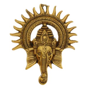 HiTechmart Brass Lord Ganesha Wall Hanging – Antique Finish Ganpati Face Sculpture with Sun Halo Design for Home Temple Decor, Office Entrance, Vastu & Spiritual Gifts – Handcrafted Indian Art