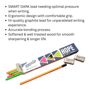 Hitech Sales Skoodle Hope 2B Neon Pencils Set with 2 Erasers - Pack of 10 Premium Wooden Pencils with Triangular Grip for Writing and Drawing