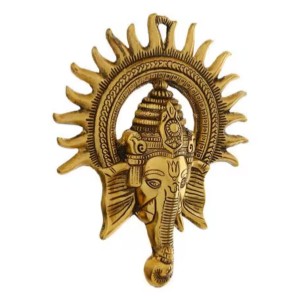 HiTechmart Brass Lord Ganesha Wall Hanging – Antique Finish Ganpati Face Sculpture with Sun Halo Design for Home Temple Decor, Office Entrance, Vastu & Spiritual Gifts – Handcrafted Indian Art