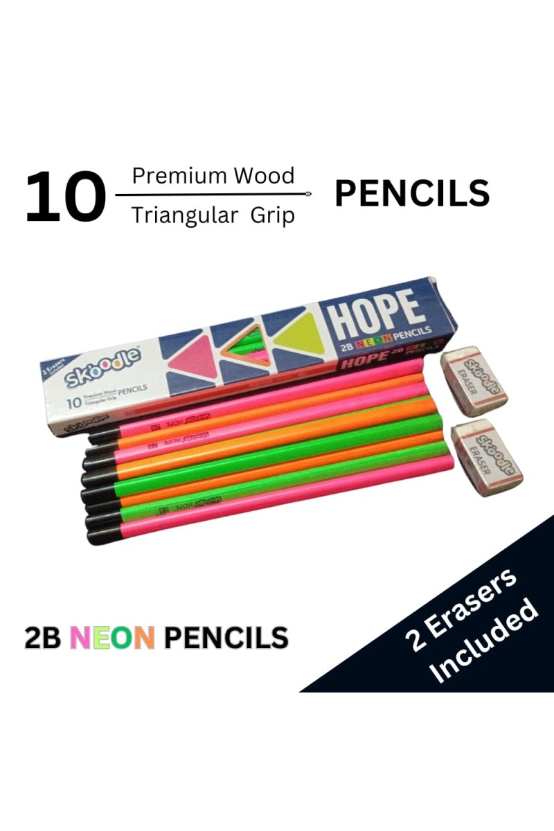 Hitech Sales Skoodle Hope 2B Neon Pencils Set with 2 Erasers - Pack of 10 Premium Wooden Pencils with Triangular Grip for Writing and Drawing