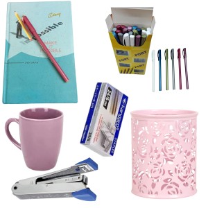 Combo of Exclusive Diary, Fort Ball Pen Box, Coffee Mug, Metal Pen Holder, Stapler & Pins (Office Combo/Writing Combo)